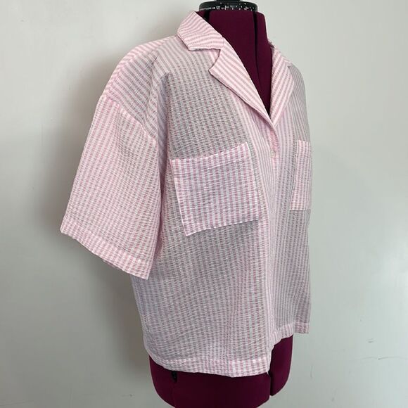 TopShop Seersucker PJ Shirt Pink Lightweight M Seersucker Short Sleeves Tees - Picture 4 of 11